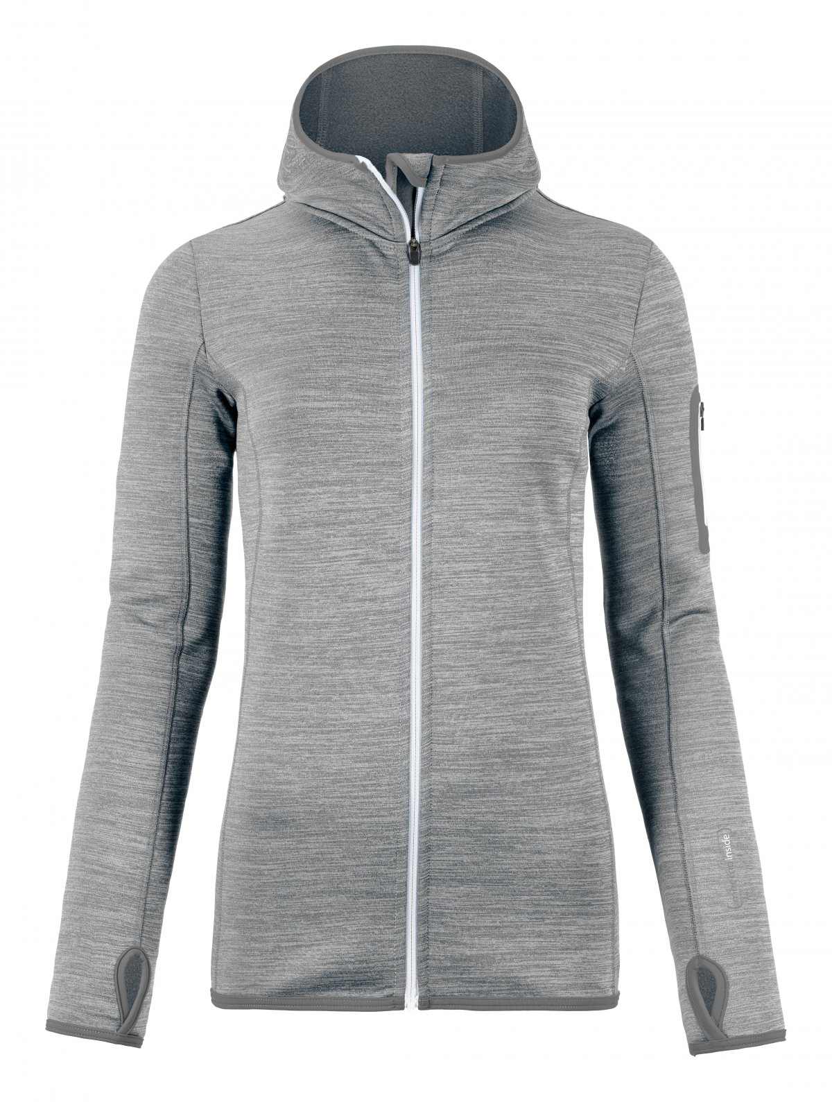 Grauer Melange Fleece Hoody mit weißem Reißverschluss und Kapuze, Ärmel mit Daumenschlaufen.