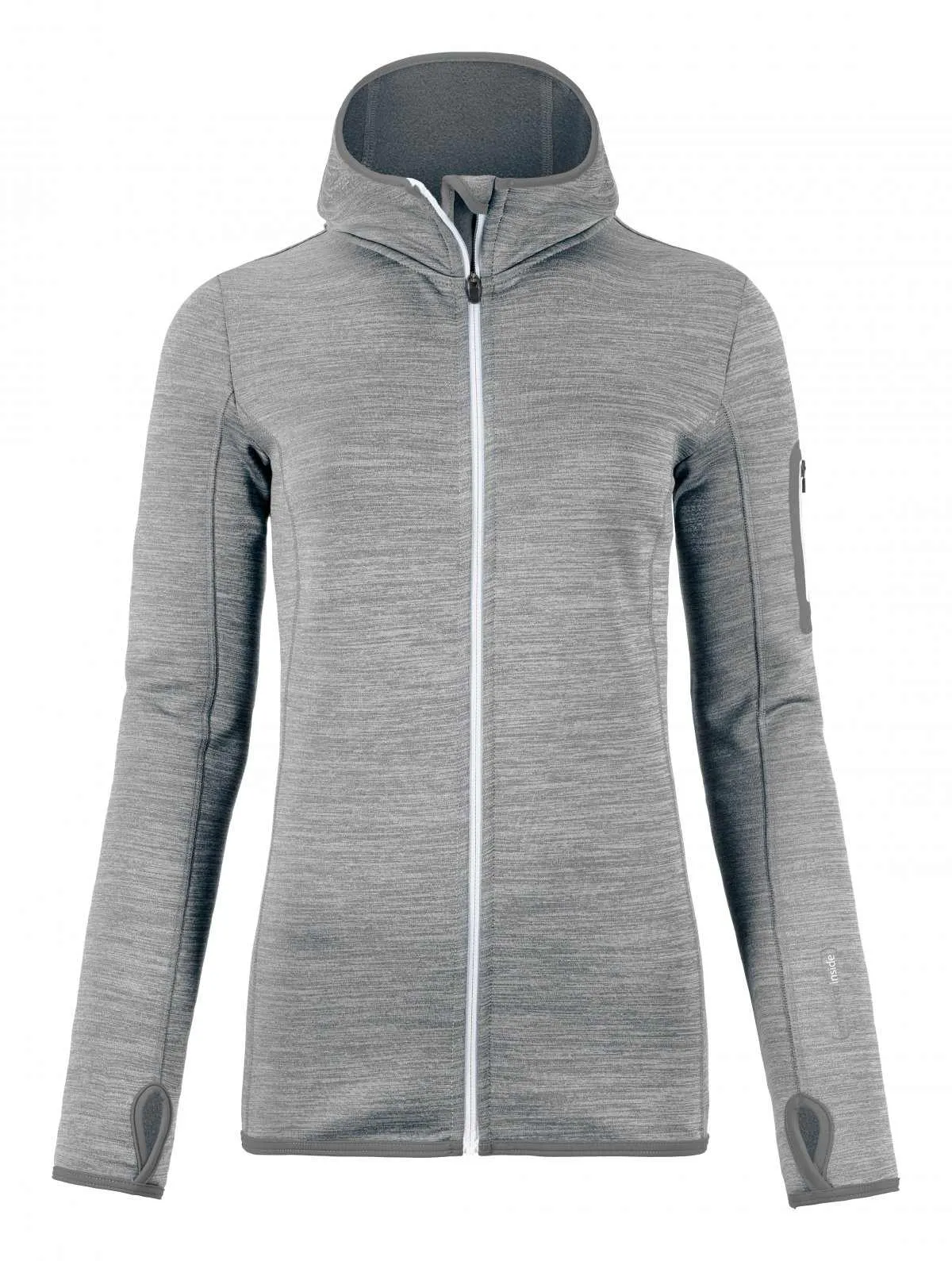 Grauer Melange Fleece Hoody mit weißem Reißverschluss und Kapuze, Ärmel mit Daumenschlaufen.