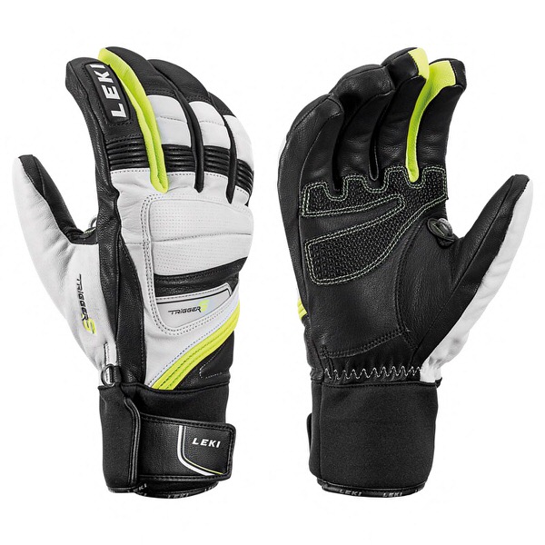 Zwei Ski-Handschuhe, Leki Griffin Prime S, einer mit Handflächenseite, der andere mit Handrückenseite. Schwarz, weiß und gelbe Akzente.