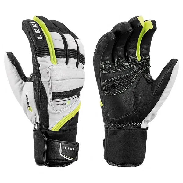 Zwei Ski-Handschuhe, Leki Griffin Prime S, einer mit Handflächenseite, der andere mit Handrückenseite. Schwarz, weiß und gelbe Akzente.