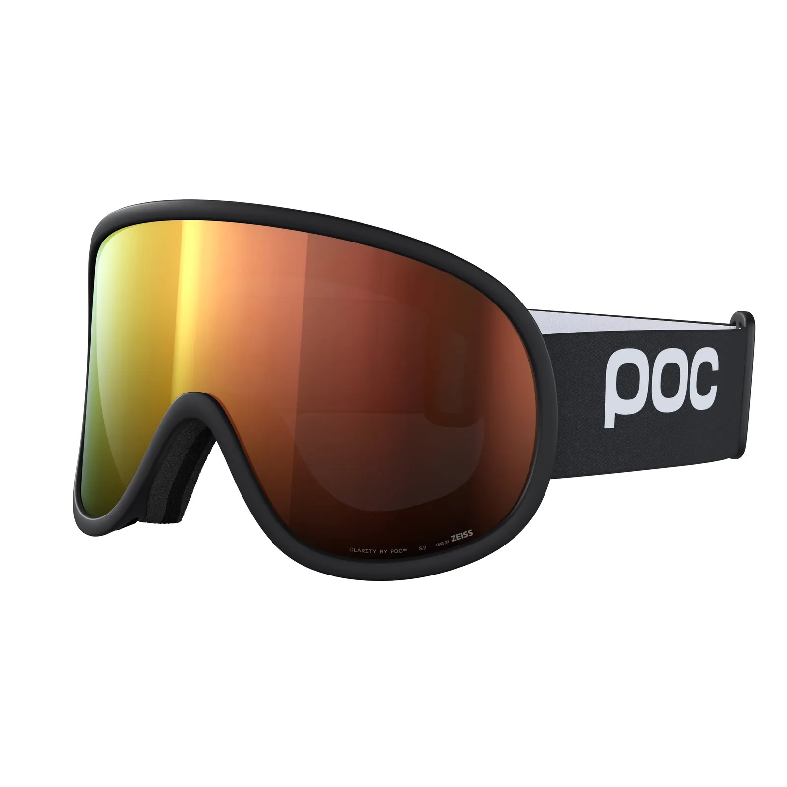 Occhiali da sci POC Retina in nero con lenti arancioni a specchio e logo bianco sul cinturino.