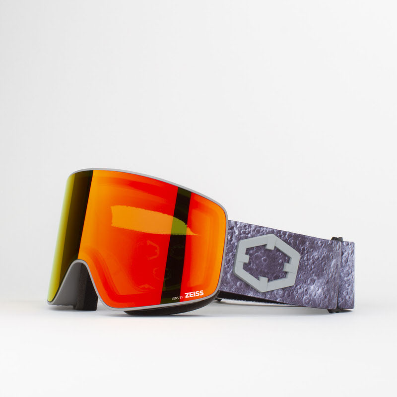 Apollo Red ski goggles from Out Of Void with cylindrical lens and patterned strap.