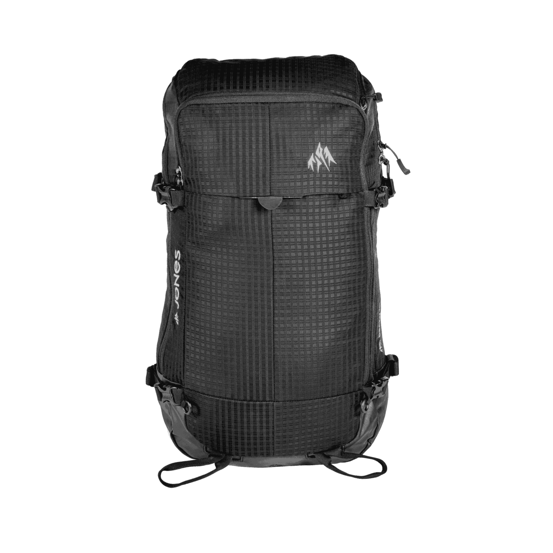 Schwarzer Jones DSCNT 25L Rucksack in der Ansicht von vorn, mit minimalistischem Design und dem Jones-Logo.