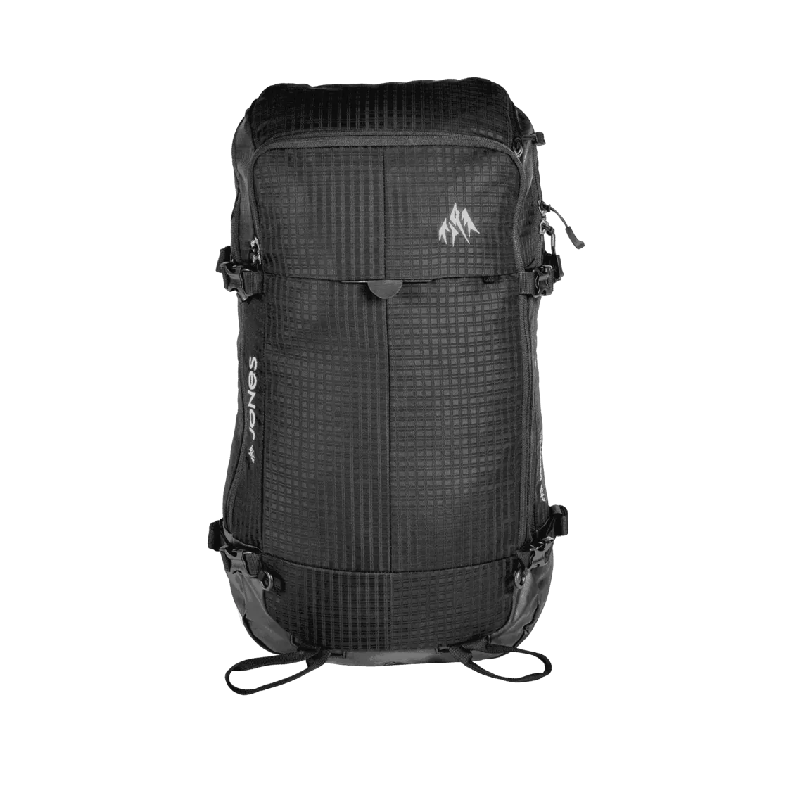 Schwarzer Jones DSCNT 25L Rucksack in der Ansicht von vorn, mit minimalistischem Design und dem Jones-Logo.