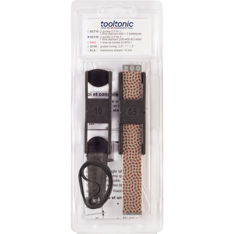 Tooltonic Set de carres inférieures Tooltonic Kit de carres inférieures SET20 : Lime, guides 0.5, 1.0 degré et élastiques pour le traitement des carres inférieures des skis dans un kit.