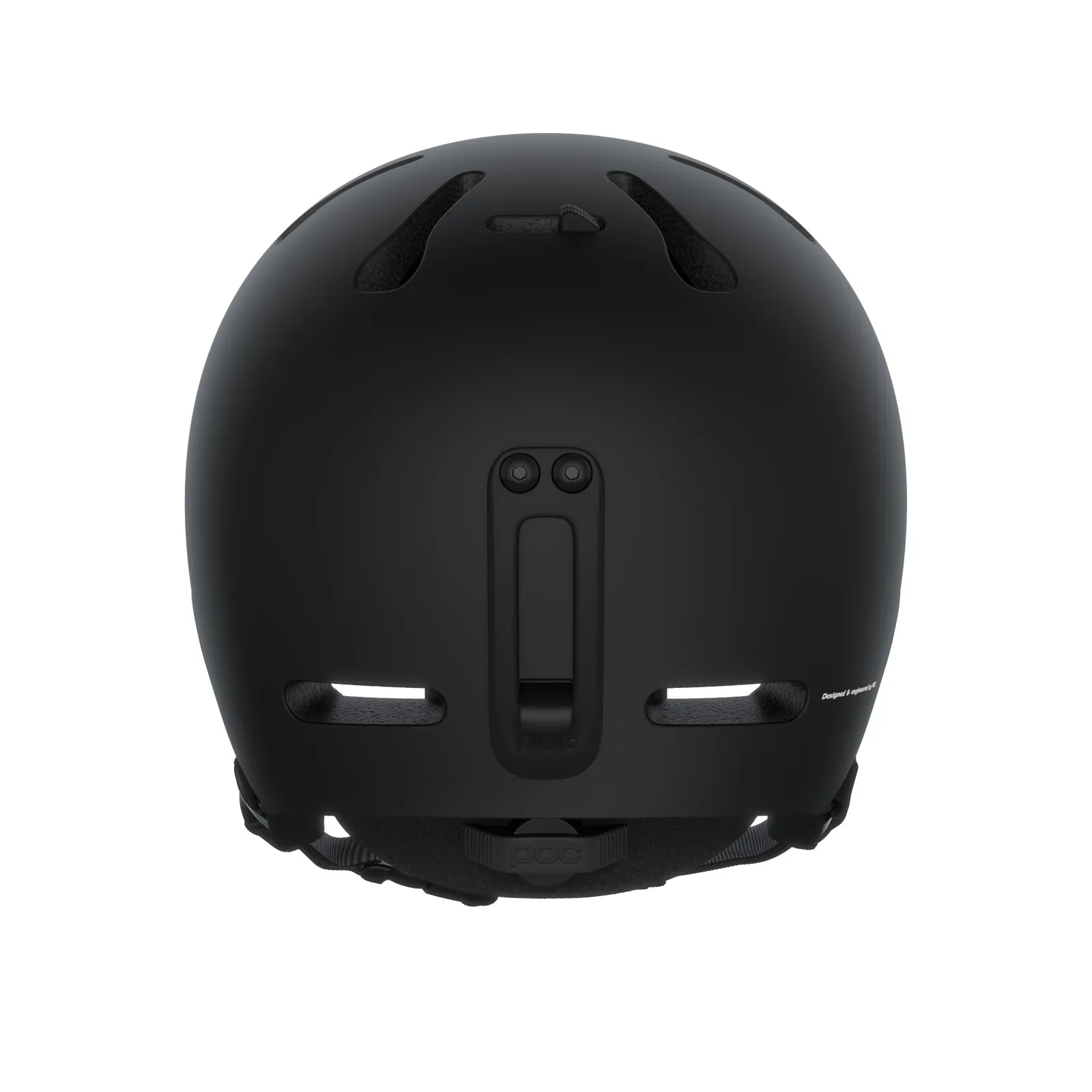 Rear view of the matt black POC Fornix ski helmet with ventilation openings and goggle clip.