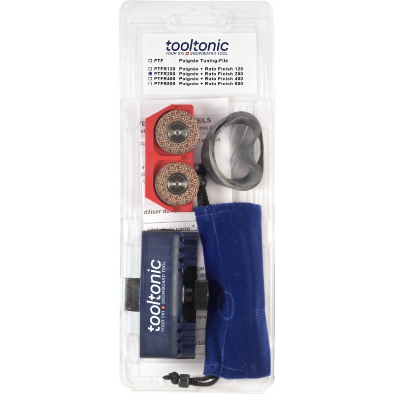Tooltonic Roto Finish RF200 Set in Plastikverpackung mit Griff, Schleifscheiben und Zubehör.