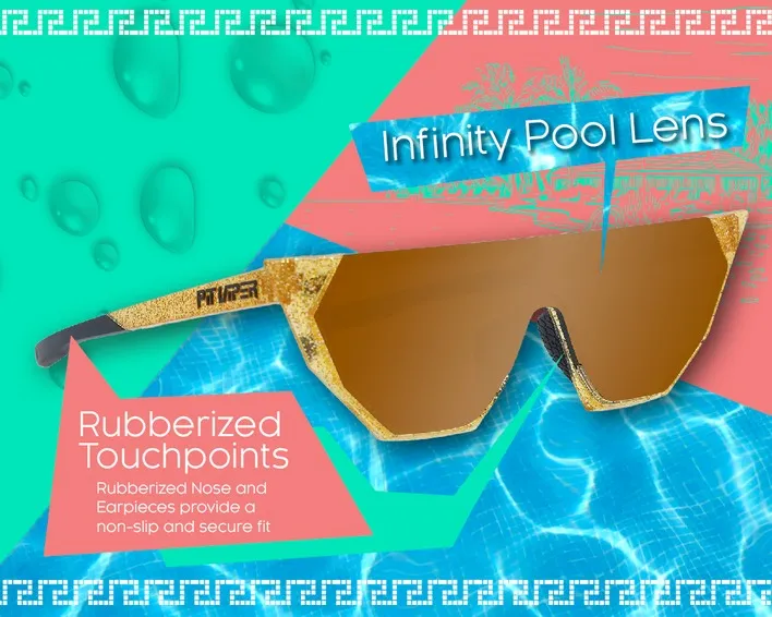 Golden Pyrite sunglasses with brown lenses and "Infinity Pool Lens" note, pool background.