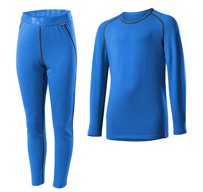 Blaues, langes Unterwäsche-Set für Kinder: Hose links, Oberteil rechts. Transtex Warm Material.