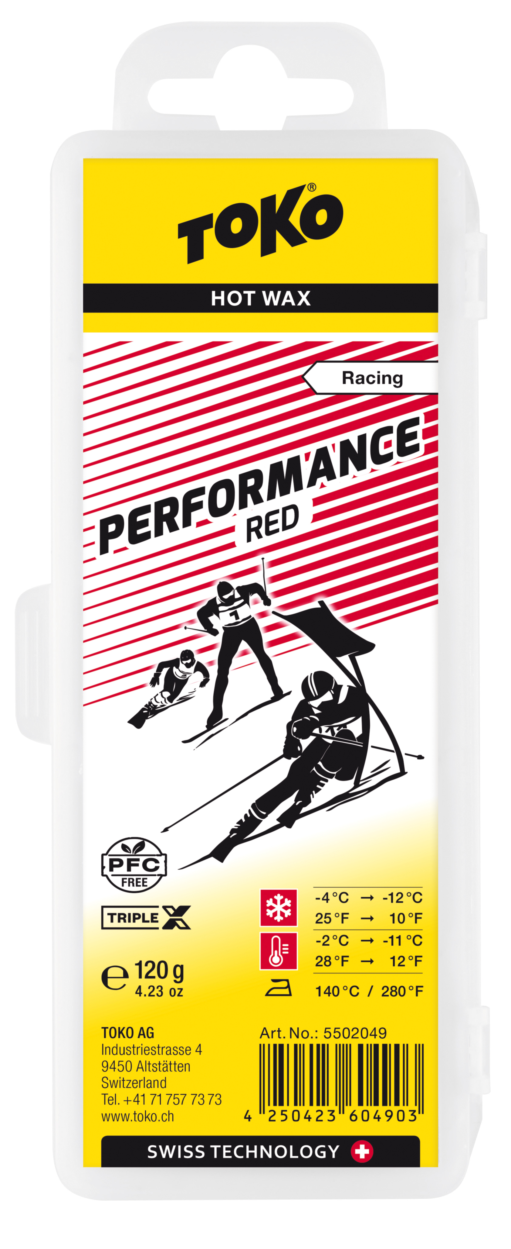 Verpackung Toko Performance Red Heisswachs mit Skirennläufern und Temperaturangaben.