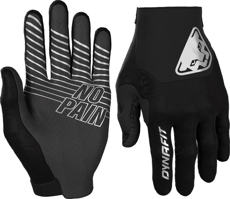 Two Dynafit Ride Gloves in black, one with "No Pain" lettering and stripes, the other with logo.