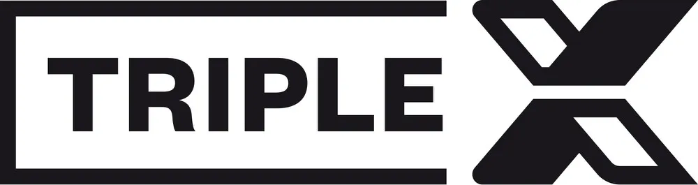 Schwarzes Logo "TRIPLE X" auf weißem Grund, wobei "TRIPLE" in einem schwarzen Rechteck steht.