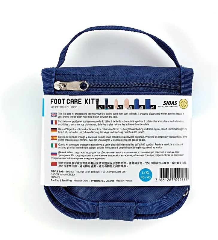 Blue Sidas Foot Care Kit with carrying strap and zipper. Contains various foot care products.