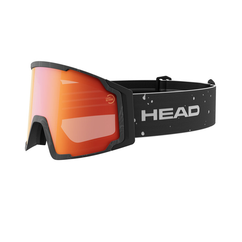 Head Neves L Skibrille, frontal, orangefarbene, verspiegelte torische Scheibe, schwarzer Rahmen und Brillenband mit Head Logo.
