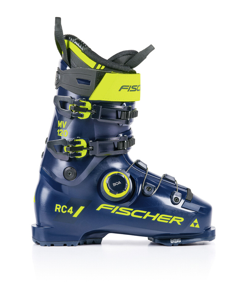 Blauer Fischer RC4 120 MV BOA VAC GW Skischuh, seitliche Ansicht. Gelbe Akzente an Schnallen und Logos.