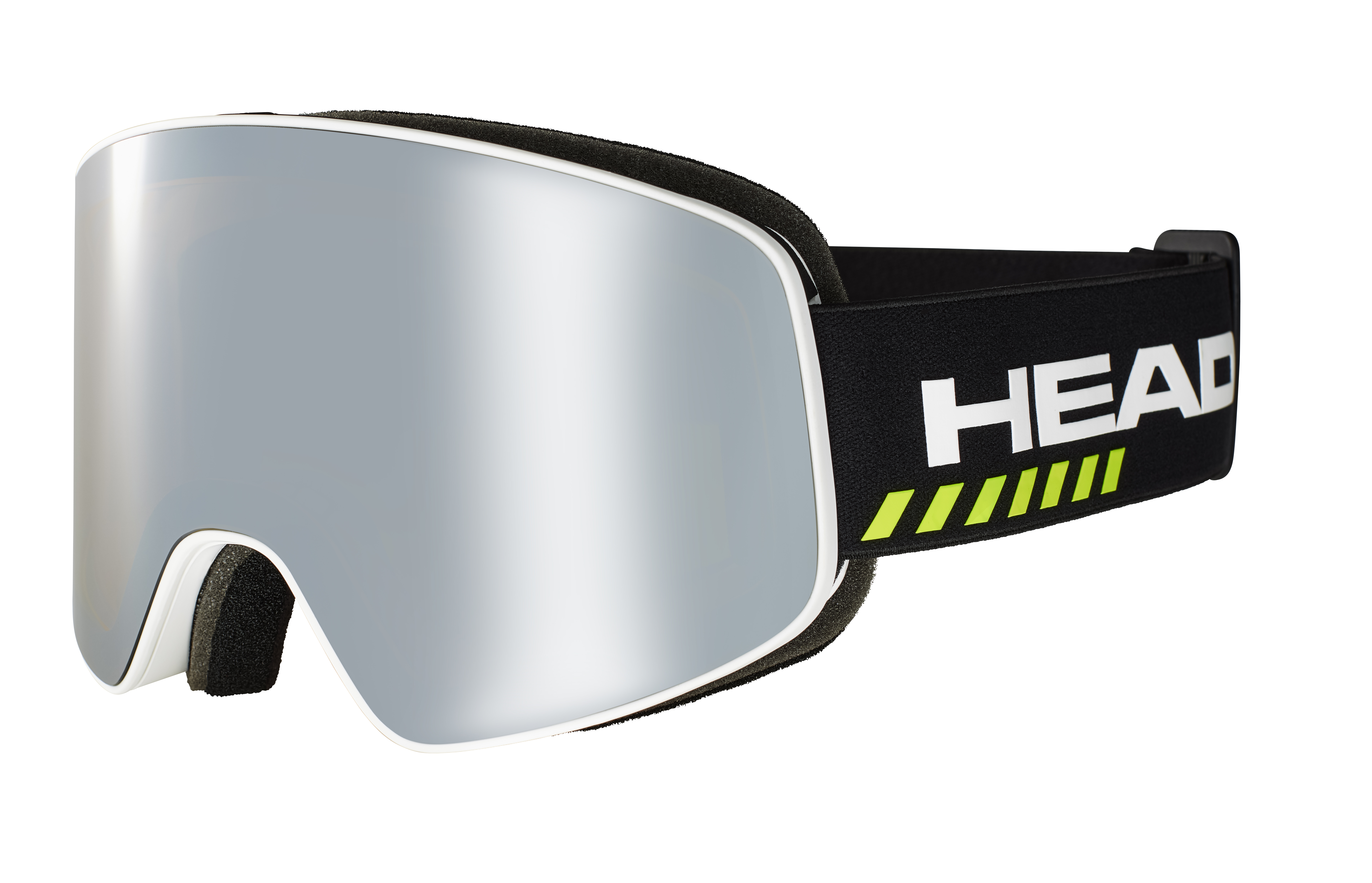 Horizon Race DH ski goggles with silver lens, black strap, white frame and yellow accents.