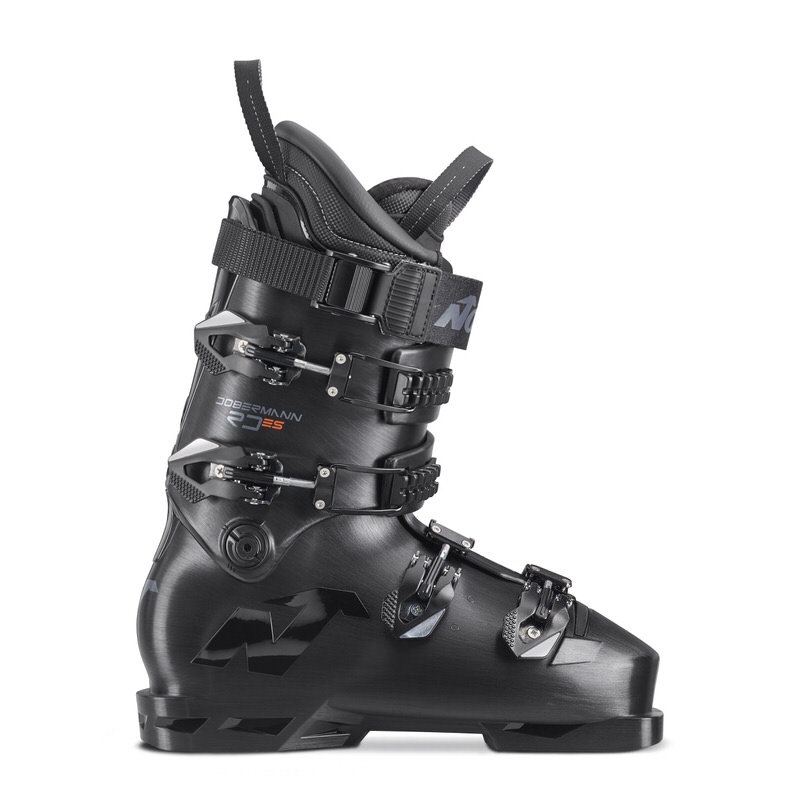 Nordica Dobermann 5 S ski boot Black Nordica Dobermann 5 S ski boot, side view, with buckles and straps.