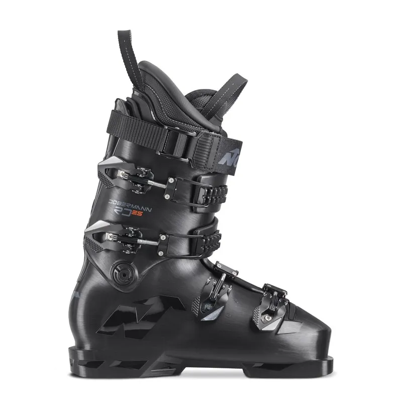 Black Nordica Dobermann 5 S ski boot, side view, with buckles and straps.