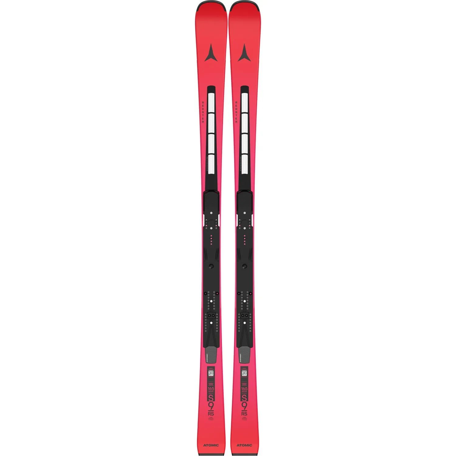 Red pair of skis, arranged side by side, with black bindings and graphic elements, on a white background.
