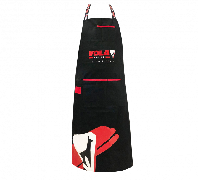 Schwarze Vola Racing Wachsschürze mit roten Akzenten und Logo.