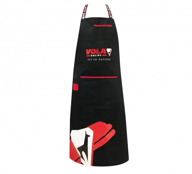 Schwarze Vola Racing Wachsschürze mit roten Akzenten und Logo.