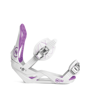 Fixation de snowboard blanche Nidecker ELA avec des accents violets, vue latérale.