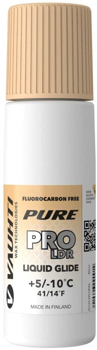 Vauhti UP LDR Skiwachs Weiße Flasche Vauhti UP LDR Liquid Glide Skiwachs mit beigem Deckel und Etikett mit Temperaturangaben.