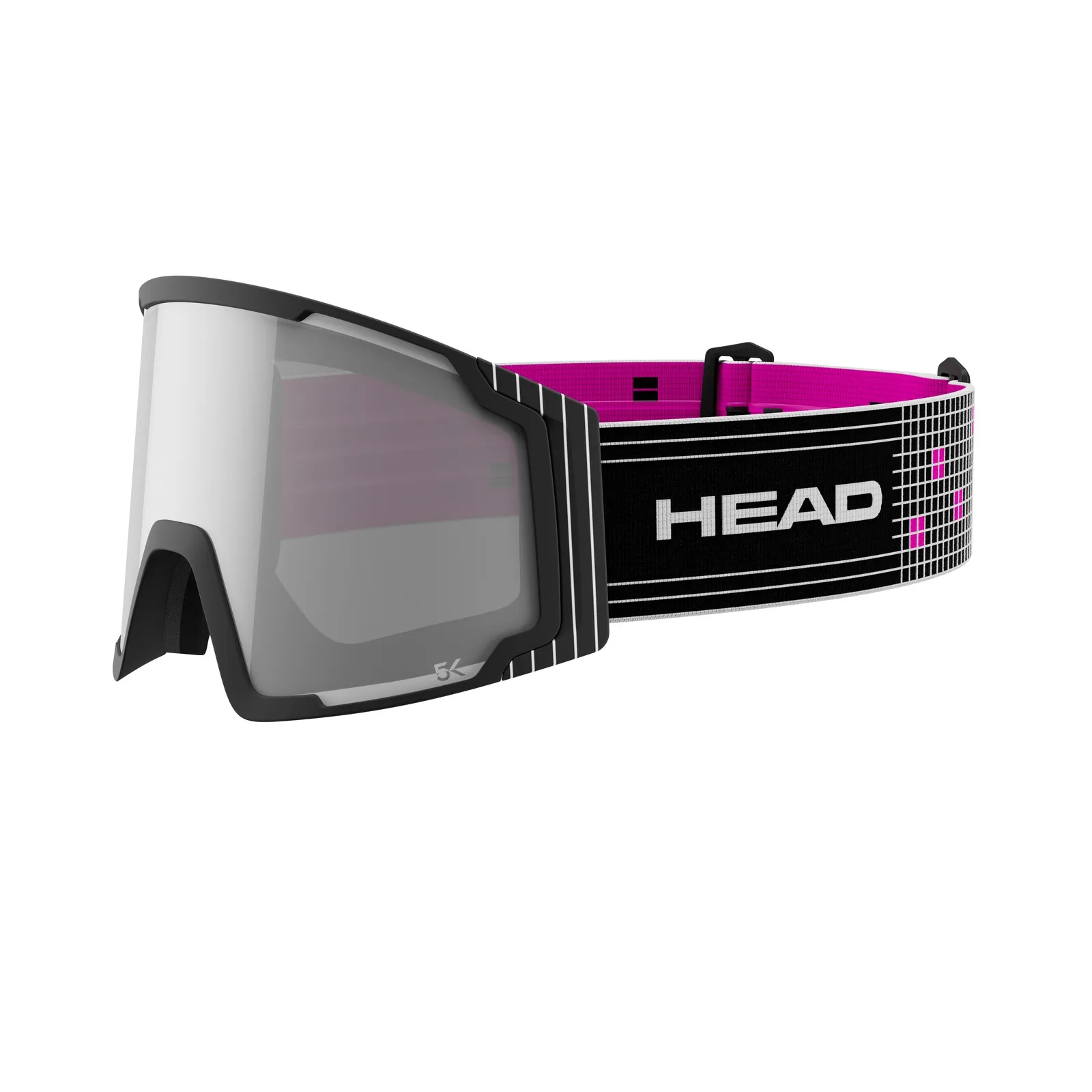 Grey Head NEVES PRO 5K Race ski goggles with pink inner lining and logo on black, white striped strap.