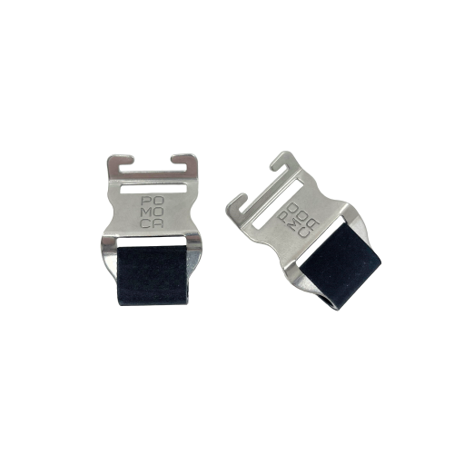 POMOCA Power Hooks Two Pomoca Power Hooks with metal buckle and black elastic band on a white background.