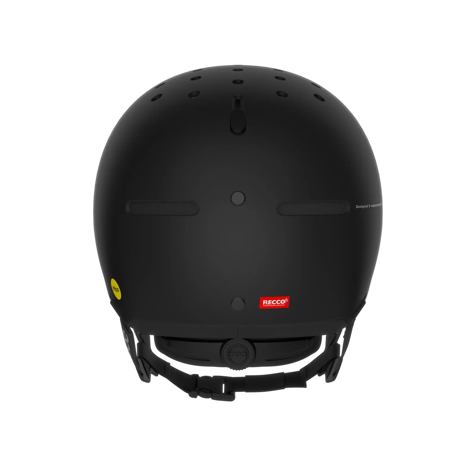 Black POC Calyx helmet from behind with ventilation holes and RECCO reflector on the dial.