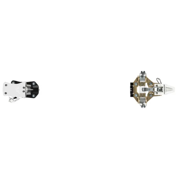 Two Dynafit TLT Speed Turn 2.0 binding parts, a front and rear part, cut out on a white background.