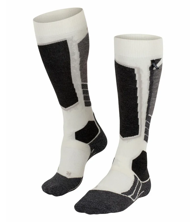 Two Falke SK2 Cashmere Skiing knee-high socks in wool white, gray and black.