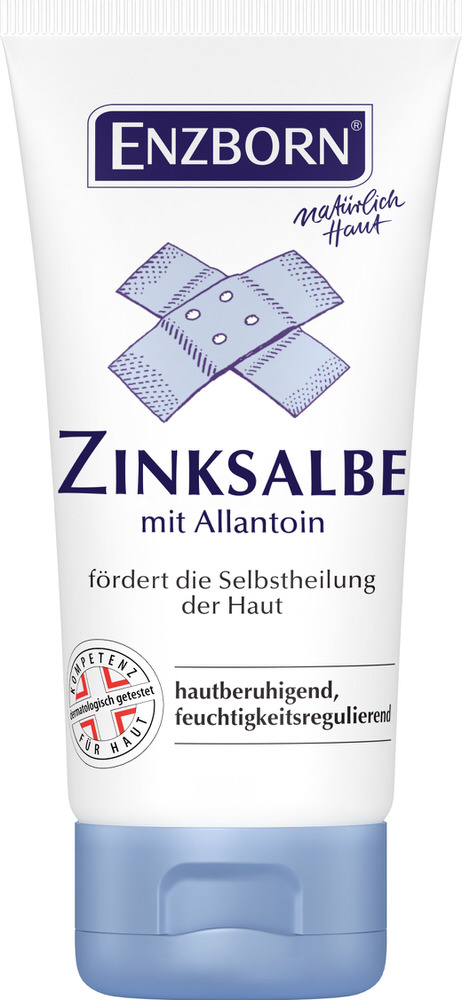 Weiße Tube ENZBORN Zinksalbe mit blauem Schriftzug, Pflaster-Symbol und hellblauem Deckel.