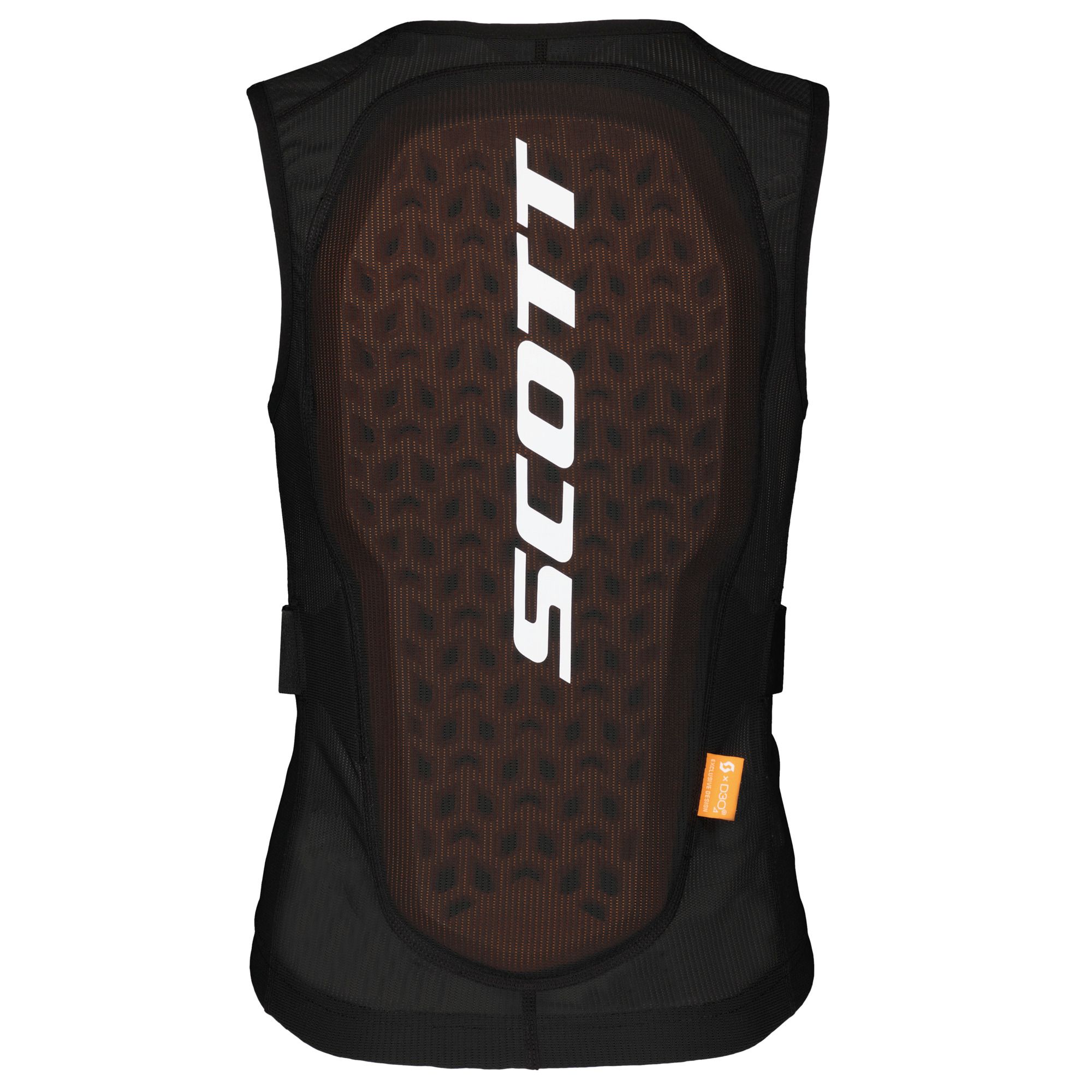 Schwarze SCOTT Airflow Junior-Weste von hinten, mit weißem SCOTT-Logo auf der belüfteten Rückenplatte.