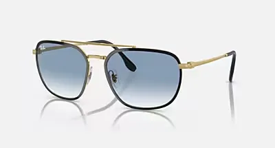 Ray-Ban RB3708 Lunettes de soleil en noir et or avec verres bleus, vue de côté.