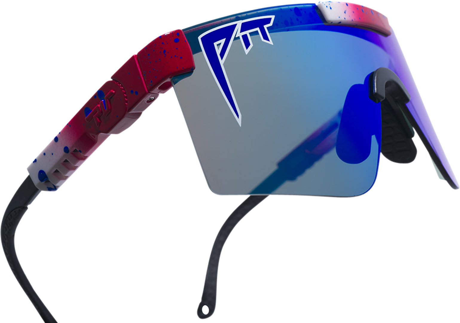 Detailansicht der Pit Viper The Firecracker Sonnenbrille mit polarisierten blauen Gläsern und rot-blau-weissem Rahmen.