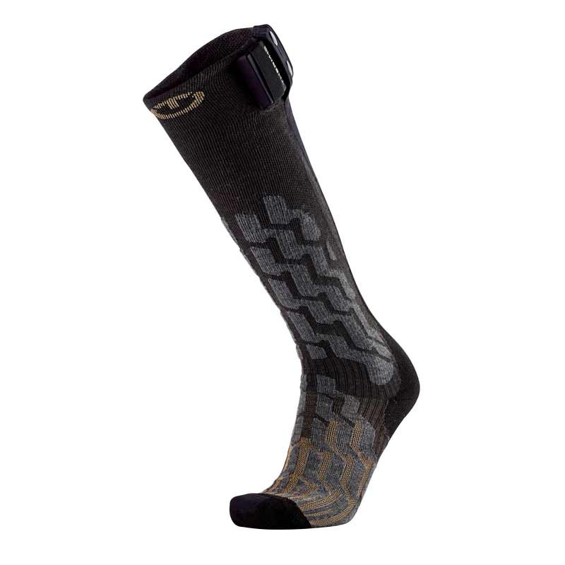 Une seule et longue chaussette de ski chauffante PowerSocks Heat Fusion noire pour femme avec des motifs gris et marron.