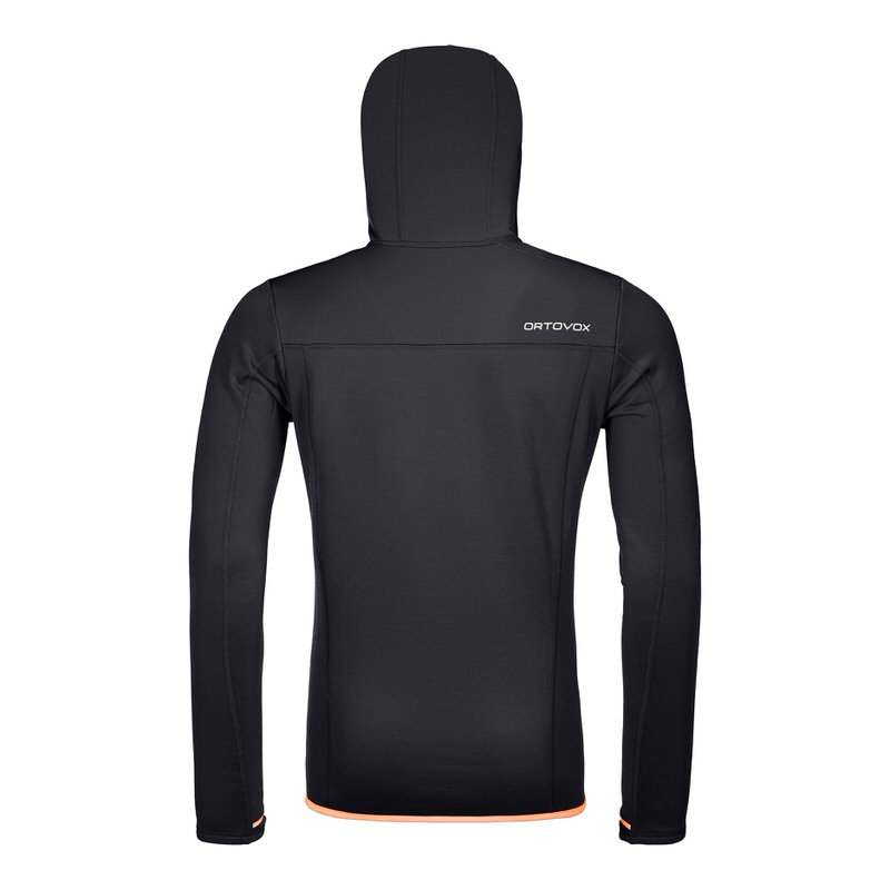 Rückansicht eines schwarzen Ortovox Fleece Hoody mit Kapuze und langen Ärmeln. Der Saum und die Ärmel haben einen orangefarbenen Akzent.