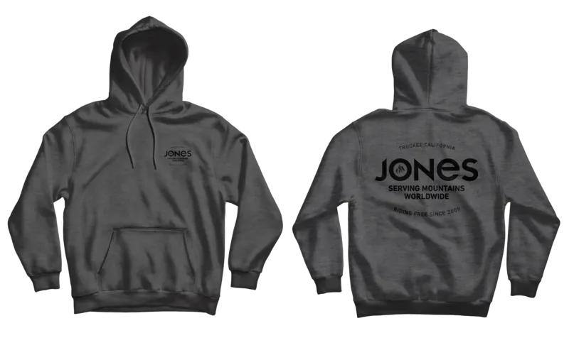 Gray Jones hoodie, front and back view, with branding on the back.