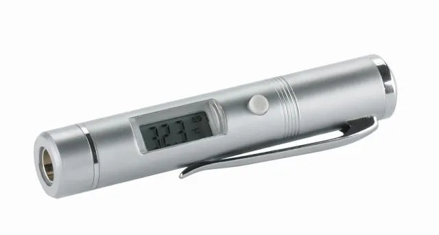 Silver-colored snow thermometer flash pen with display, button and clip.