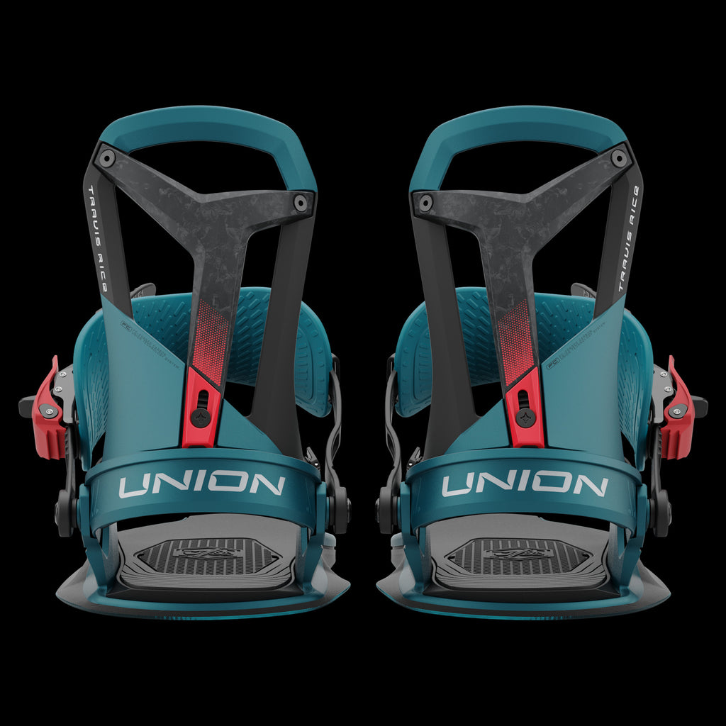 Two Teal Union Falcor snowboard bindings from behind, black background.