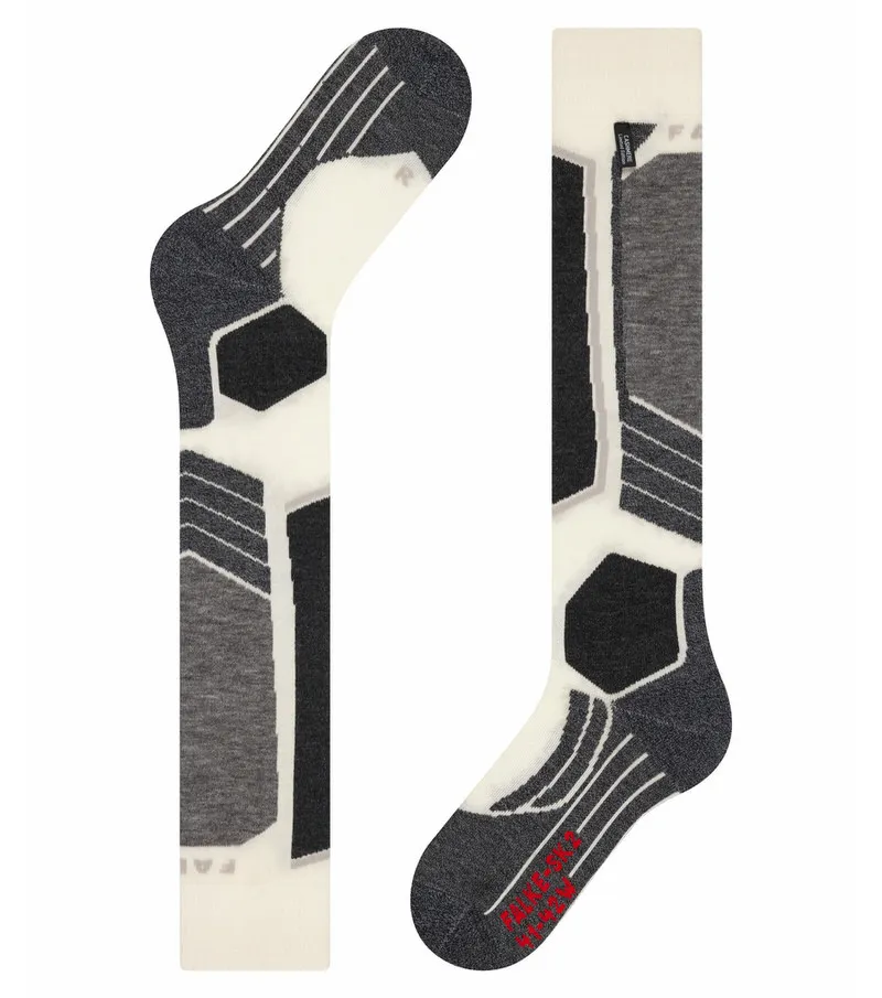 Pair of Falke SK2 Cashmere women's ski knee-high socks in wool white with black and gray accents.