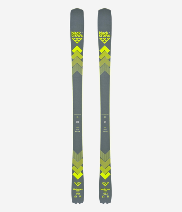 Graue Black Crows Octo Ski Graue Black Crows Octo Ski mit gelben grafischen Elementen, Produktansicht von oben auf weißem Hintergrund.