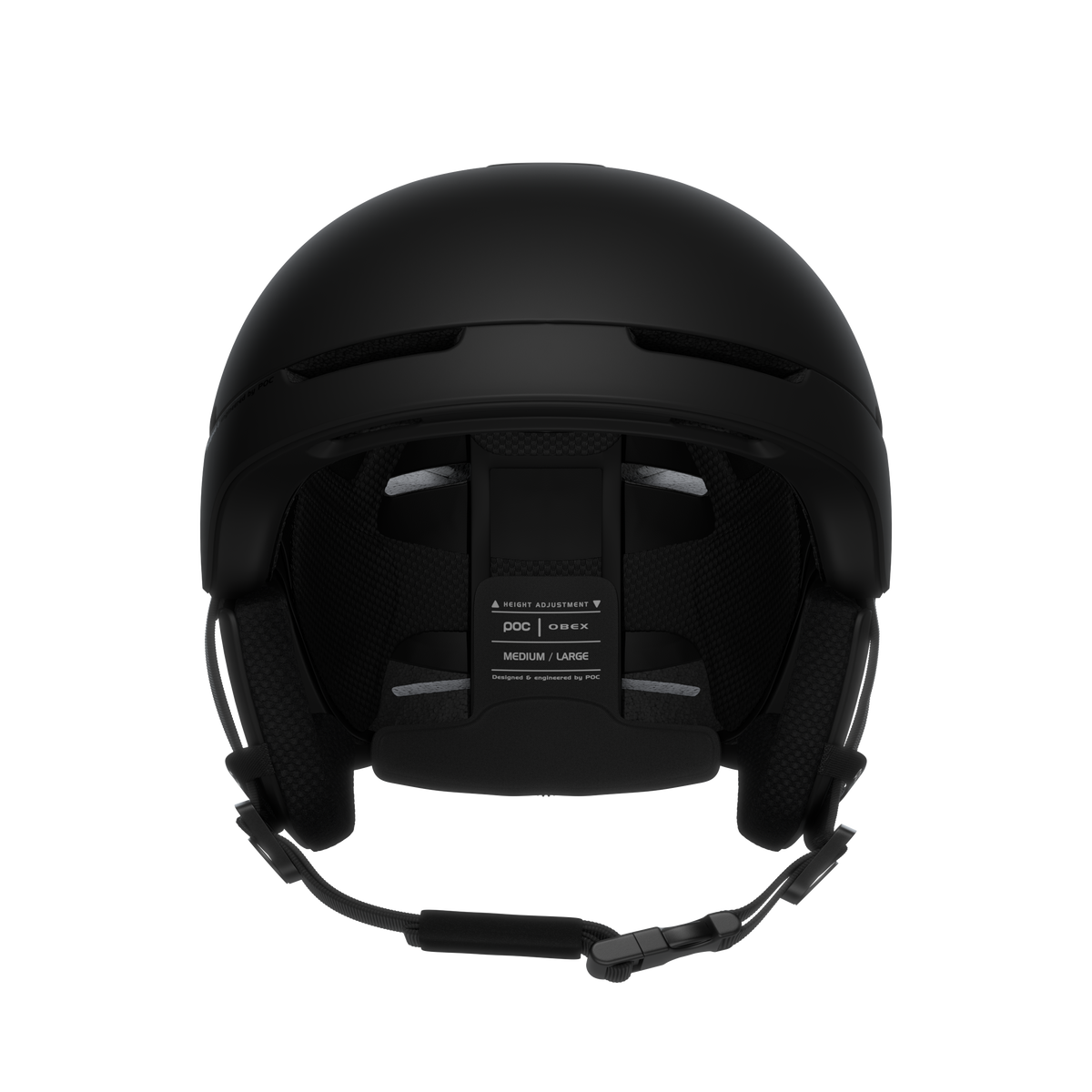 Frontansicht: Schwarzer POC Obex BC Mips Skihelm mit Gurt, Ohrpolstern und Größenangabe.