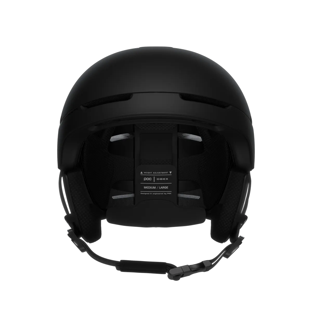 Vue de face : casque de ski POC Obex BC Mips noir avec sangle, coussinets d'oreille et indication de la taille.
