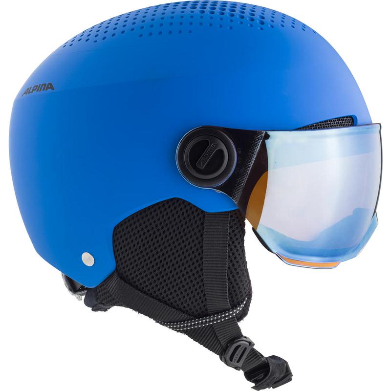 Casque de ski bleu Alpina Zupo Visor Q-Lite avec visière et trous d'aération.
