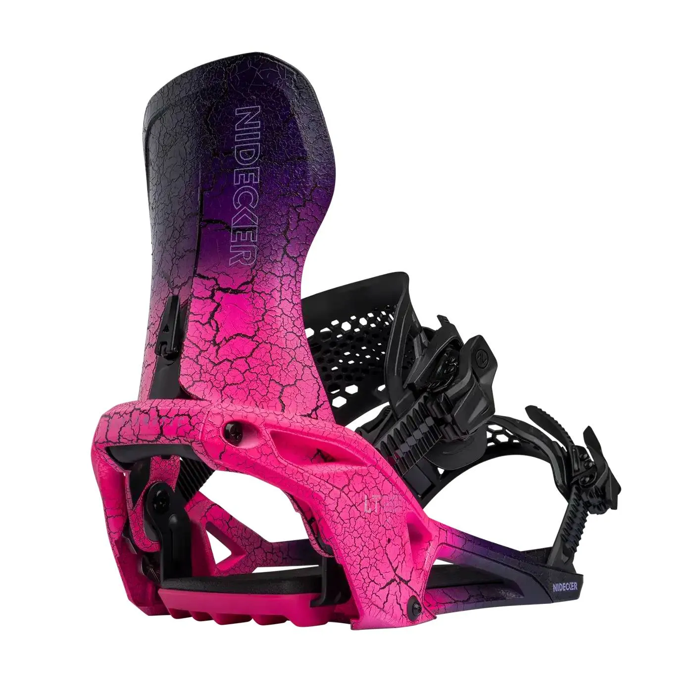 Un attacco da snowboard di Nidecker con una sfumatura di colore rosa e viola e un motivo a crepe su sfondo bianco.