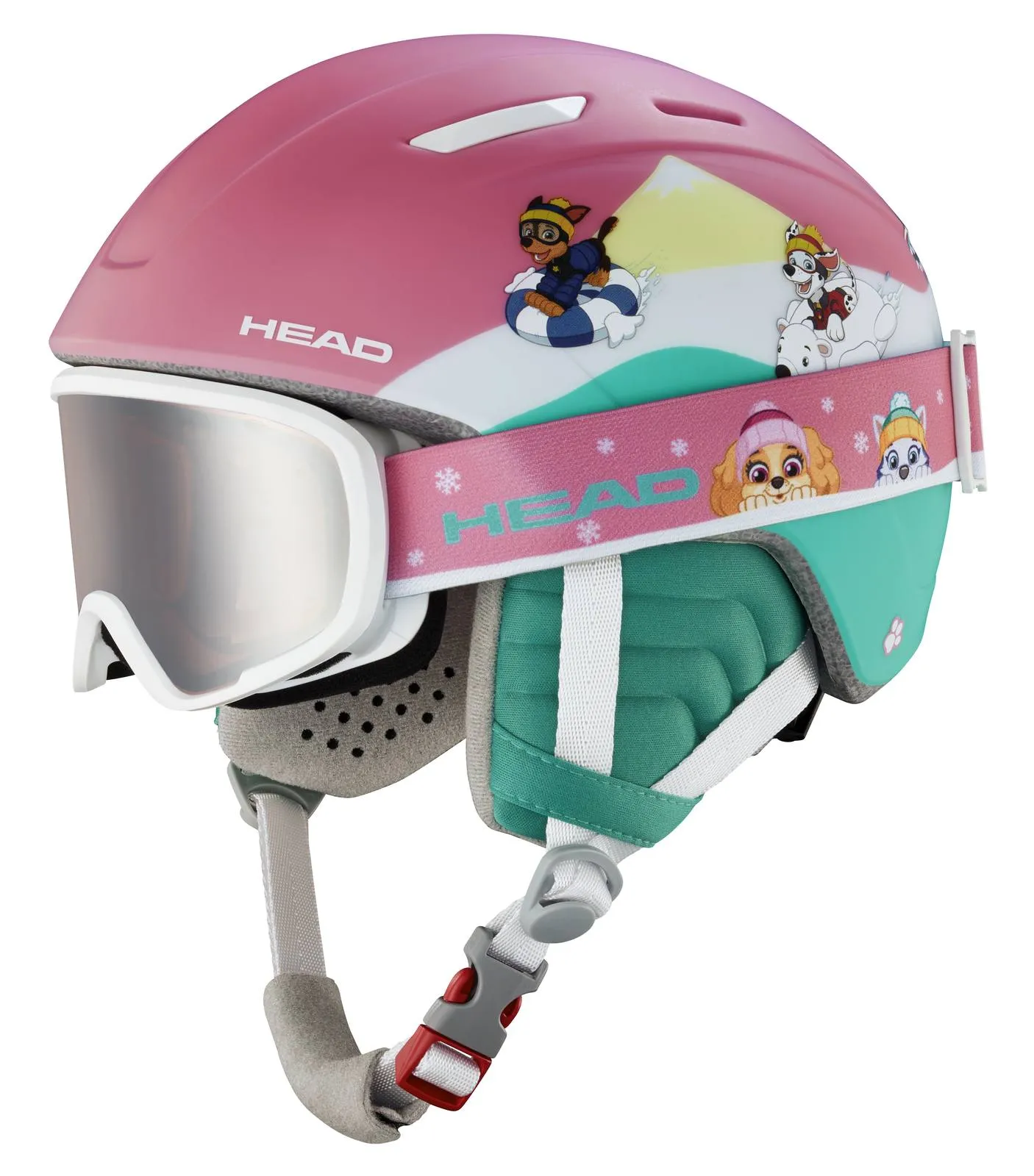 Pink Head Maja Paw Set: ski helmet with goggles, Paw Patrol motifs, turquoise and pink accents.