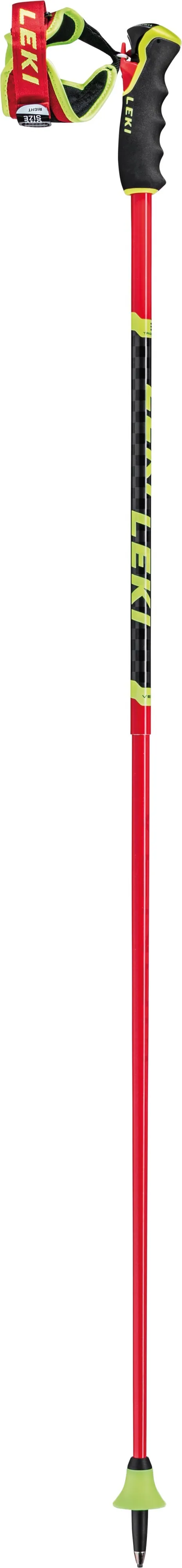 Bâton de ski rouge Leki Venom GS 3D avec poignée noire, inscription jaune et dragonne.