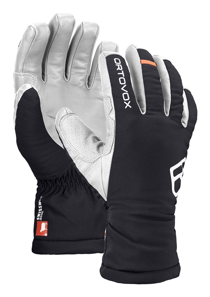 Schwarze Ortovox Freeride Handschuhe mit hellen Lederhandflächen. Das Ortovox-Logo ist auf dem Handrücken zu sehen.